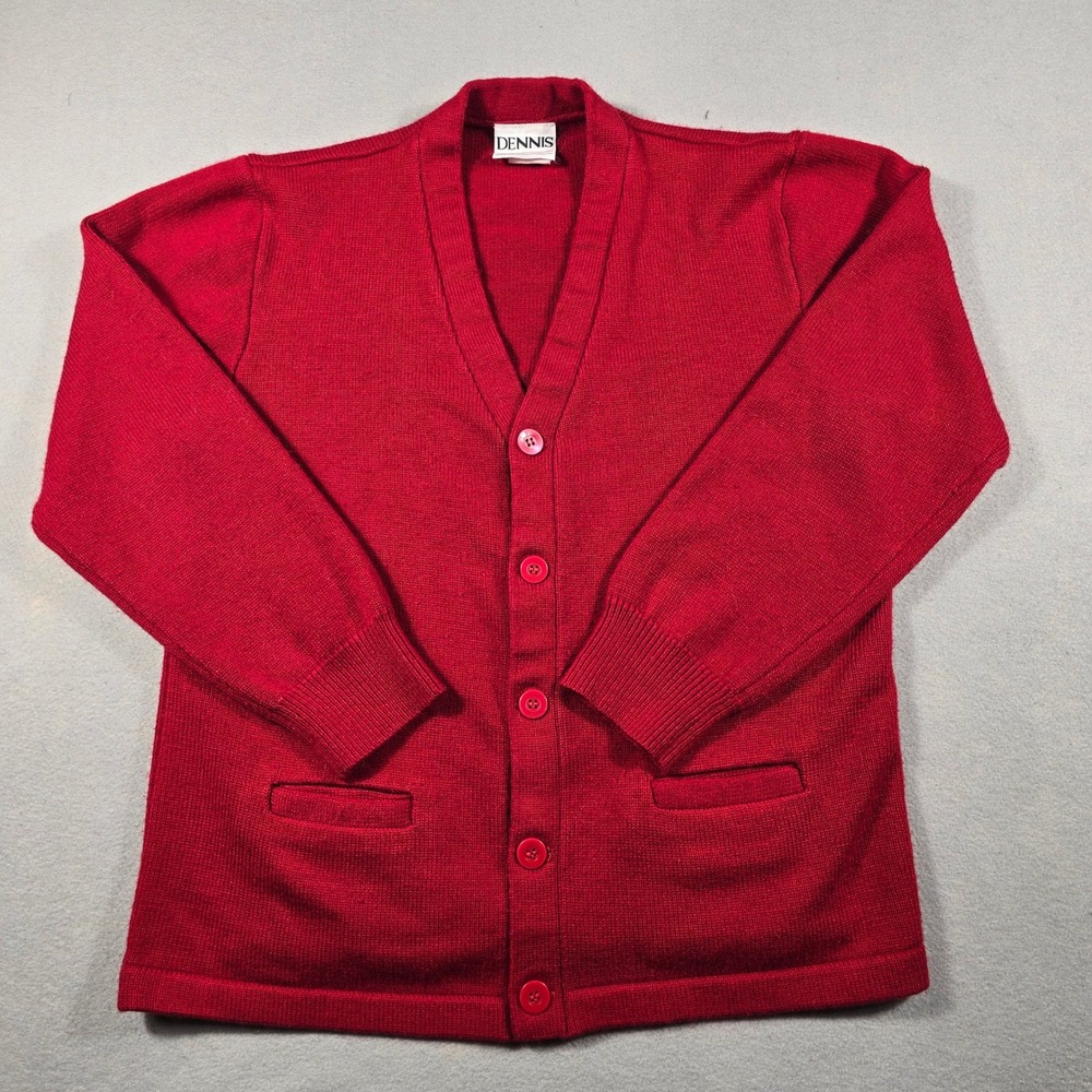 Dennis Unisex Medium Red Cardigan Sweater V-Neck Button Front School Uniform - Picture 3 of 8